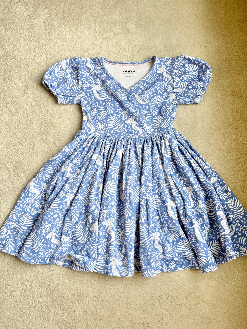 Mini Boden Faux Wrap Mermaid Octopus Twirl Dress Blue White Girls Size 6-7